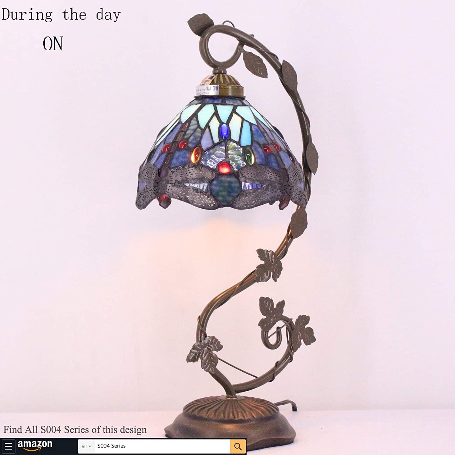 SHADY  Lamp Blue Stained Glass Dragonfly Style Table Lamp  Metal Leaf Base 8X10X21 Inches Desk Light Decor Small Space Bedroom Home Office S004 Series