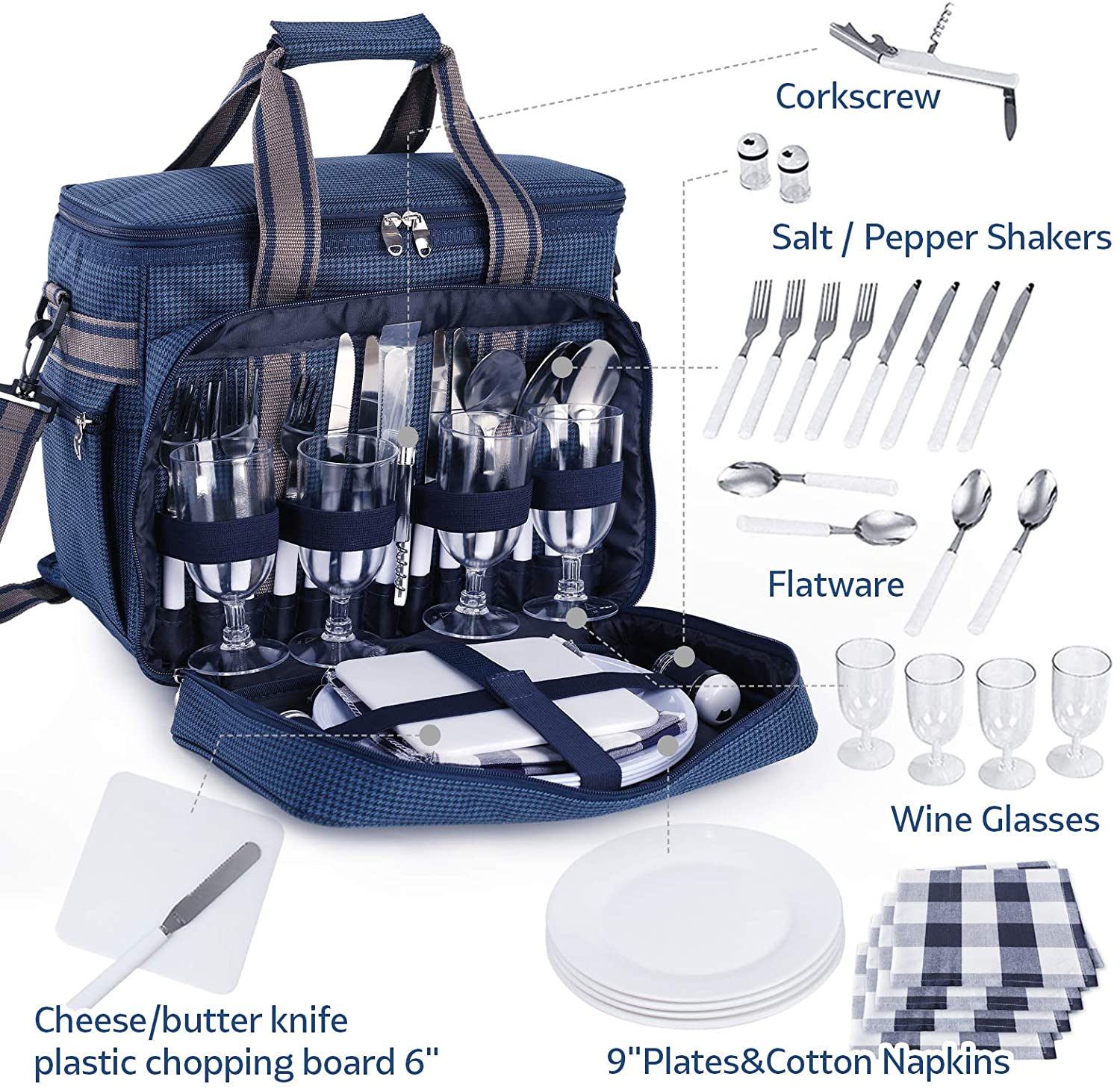 Picnic Backpack for 4 Person， Picnic Basket Tote， Large Picnic Bag with Cooler Compartment and Blanket， Picnic Shoulder Bag Set Perfect for Camping， Day Travel， Hiking， BBQs (Blue)