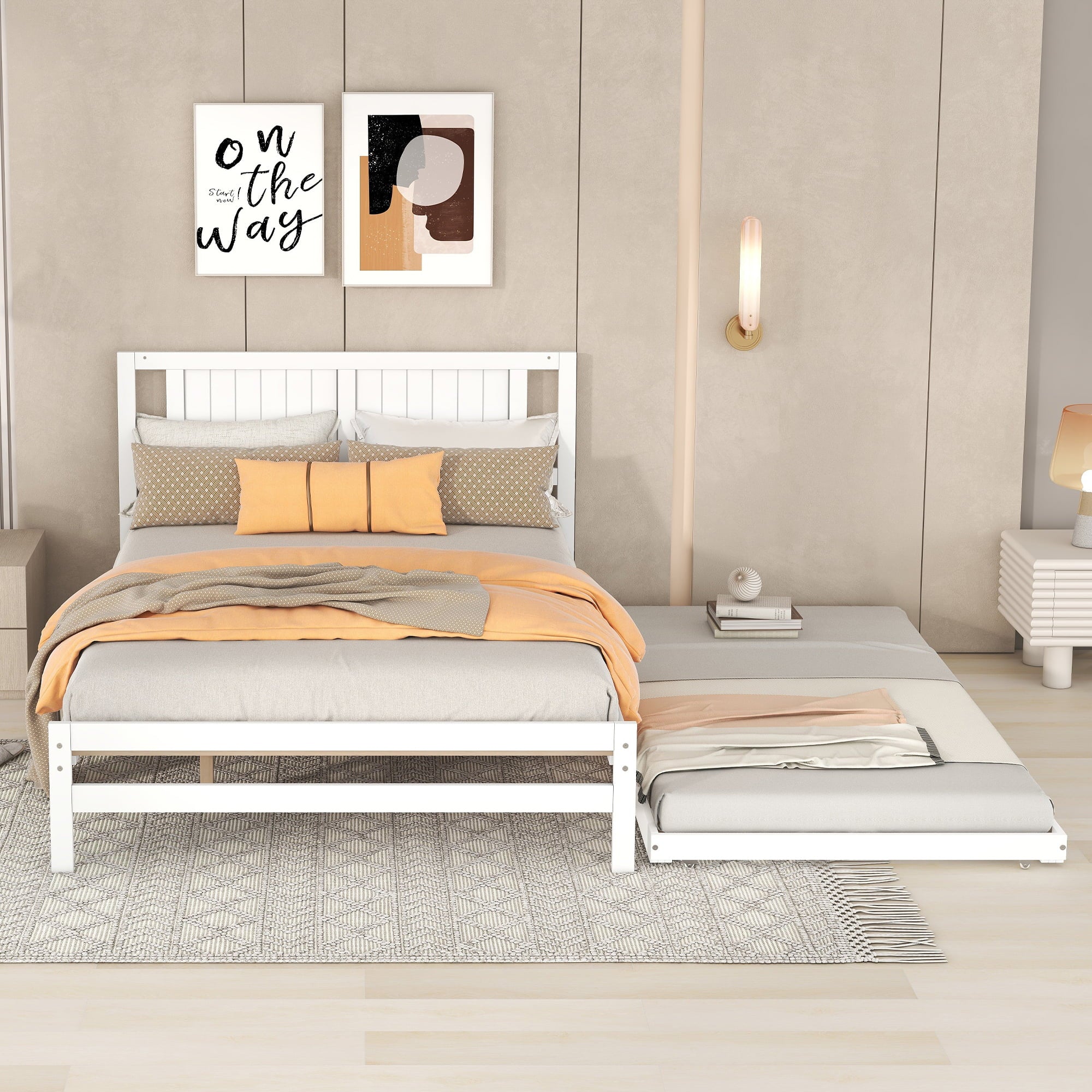 Platform Bed with Trundle Frame Set, Wooden Bed Frame with Headboard for Bedroom for Kids, White