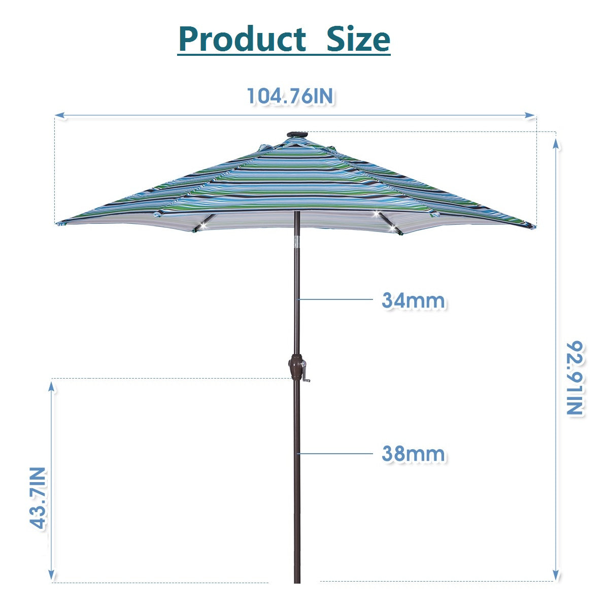 Andoer Outdoor Patio 8.7-Feet Market Table Umbrella with Push Button Tilt and Crank, Blue Stripes With 24 [Umbrella Base is not Included]