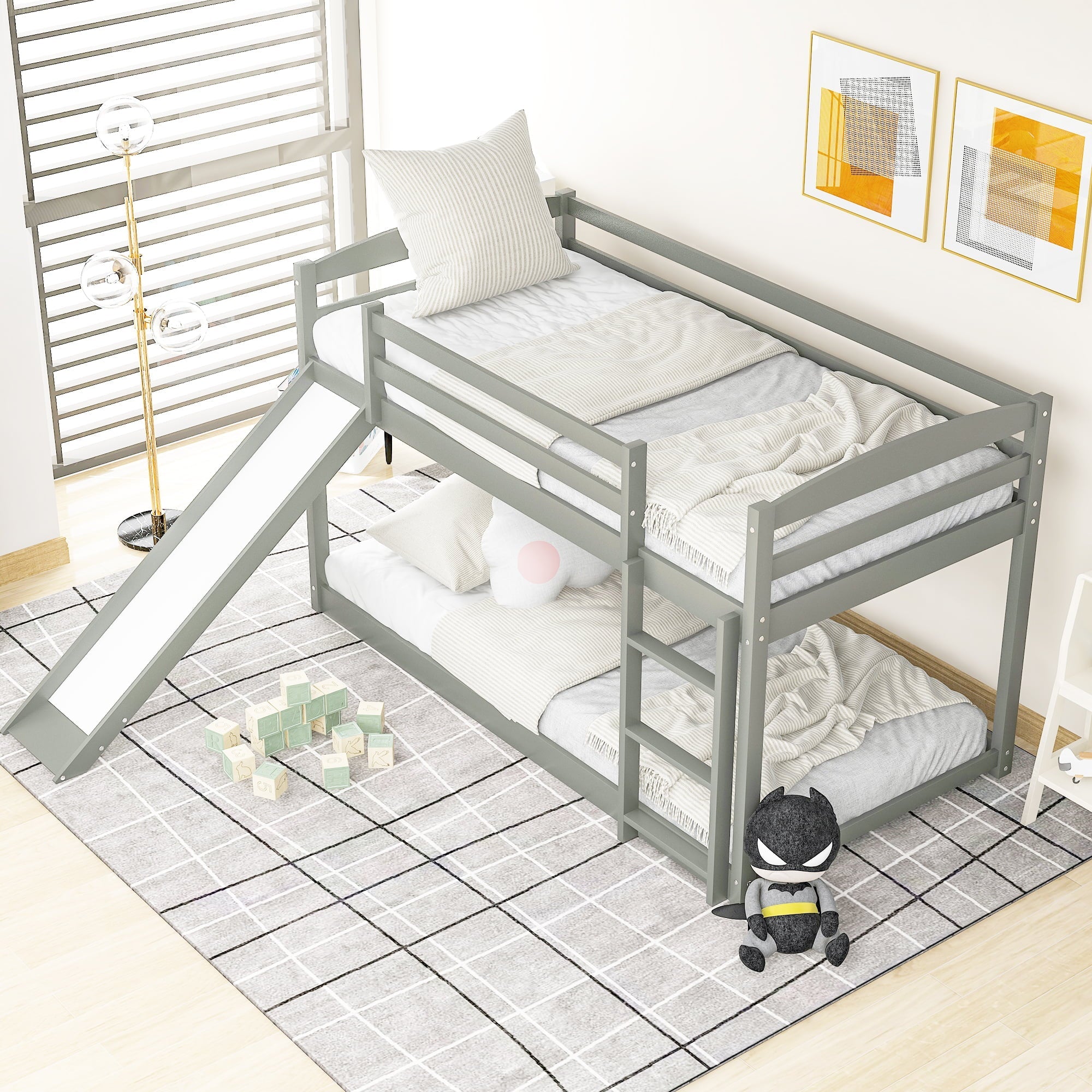 Floor Bunk Bed with Convertible Slide and Ladder, SESSLIFE Wood Bunk Beds with Guardrail for Boys Girls Toddlers, Gray Twin Over Twin Bunk Bed, Kids Floor Bunk Bed for Home Children’s Room, TE838