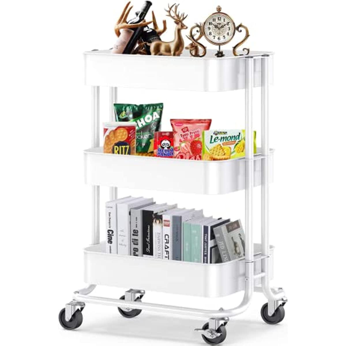 Metal Rolling Utility Cart 3-Tier， Heavy Duty Storage Cart with 2 Lockable Wheels， Multifunctional Mesh Organization Cart for Kitchen Dining Room Living Room (White)