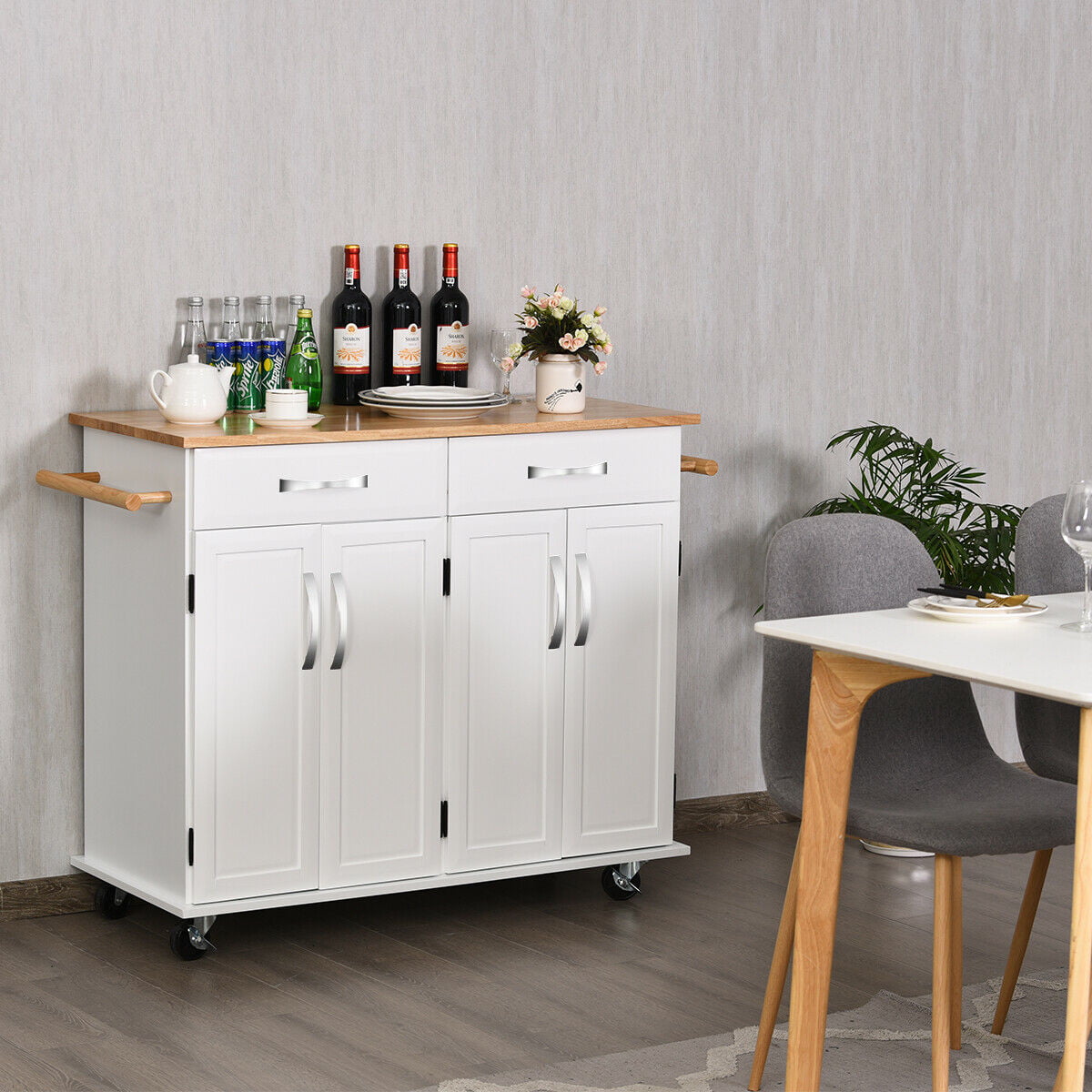 Costway Kitchen Trolley Island Utility Cart Wood Top Rolling Storage Cabinet Drawers White