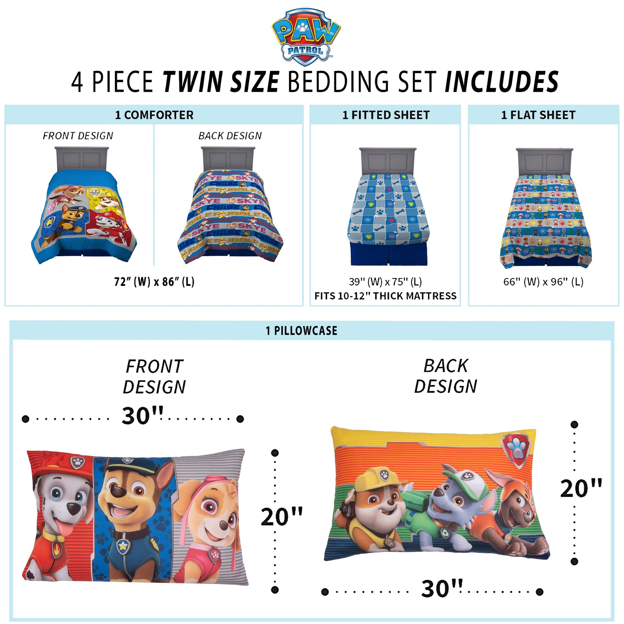 PAW Patrol Kids Twin Bed in a Bag, Comforter and Sheets, Blue and Gray, Nickelodeon