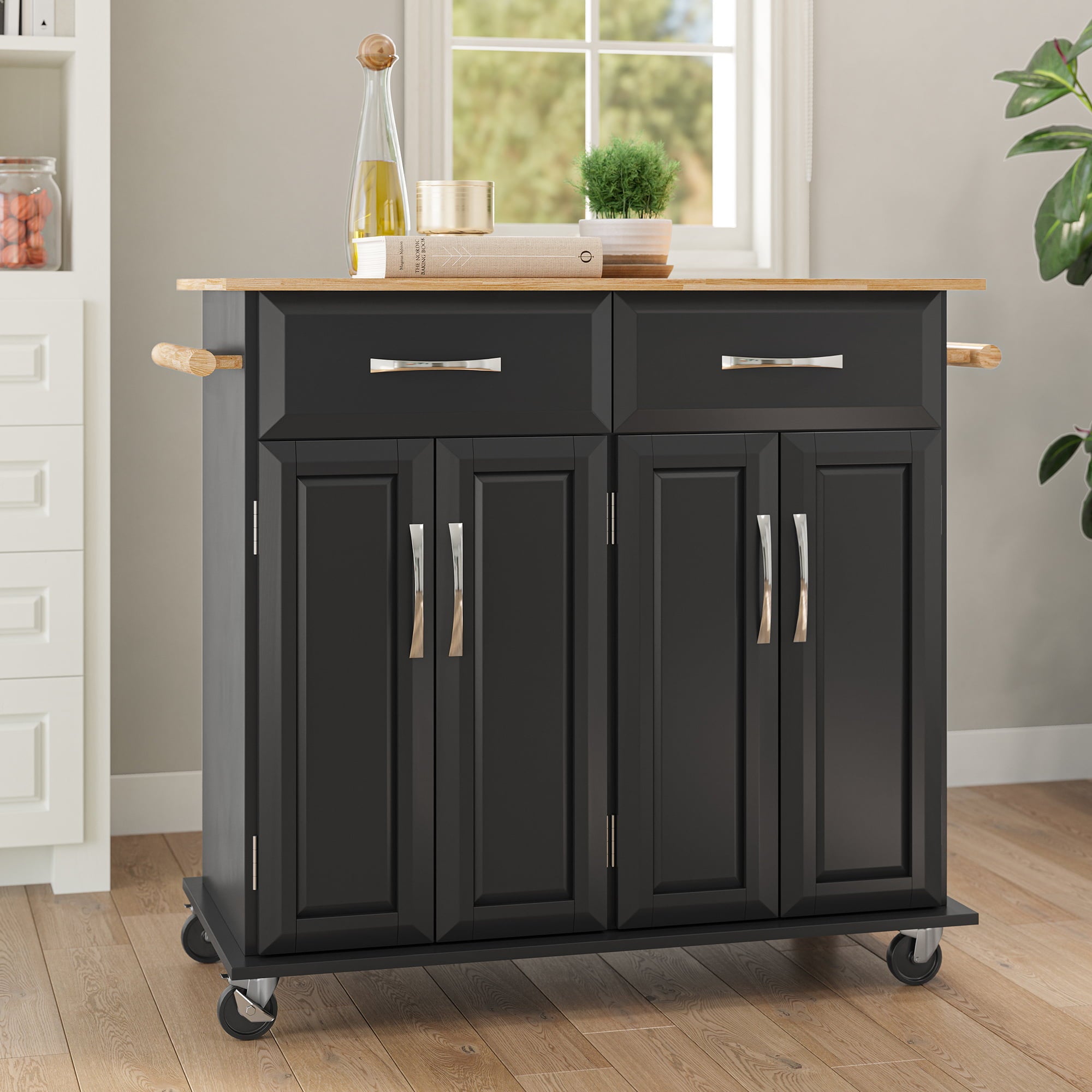 BELLEZE Rolling Kitchen Island Utility Cart with 2 Drawers - Baldy (Black)