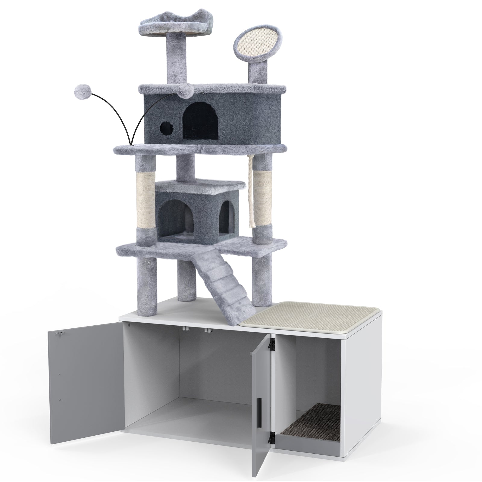 GDLF Cat Litter Box Enclosure Hidden Washroom Tower All-In-One Tree Condo， Grey