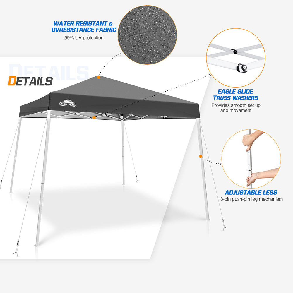 EAGLE PEAK 10' x 10' Slant Leg Pop-up Canopy Tent Easy One Person Setup Instant Outdoor Canopy Folding Shelter with 64 Square Feet of Shade (Gray)