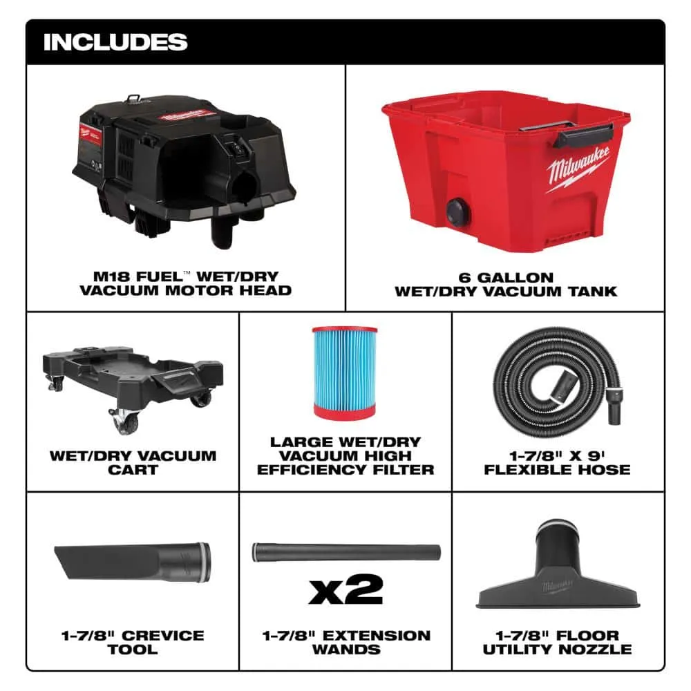 Milwaukee M18 FUEL 6 Gal. Cordless Wet/Dry Shop Vacuum with Filter, Hose, and Accessories 0910-20