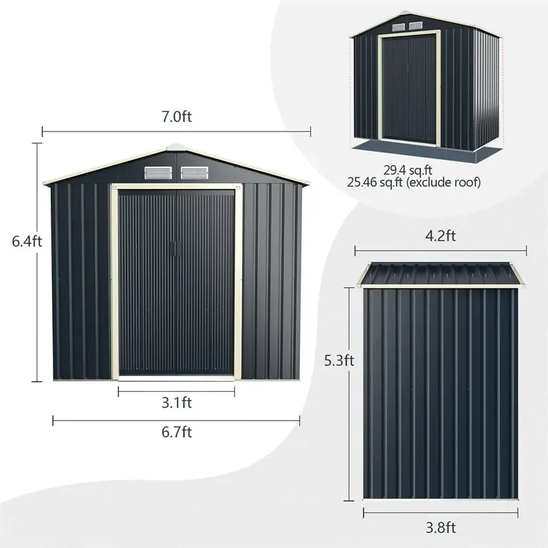 7’ x 4’ Outdoor Metal Storage Shed Backyard Garden Tool Storage Cabinet with 4 Vents & Sliding Double Lockable Doors