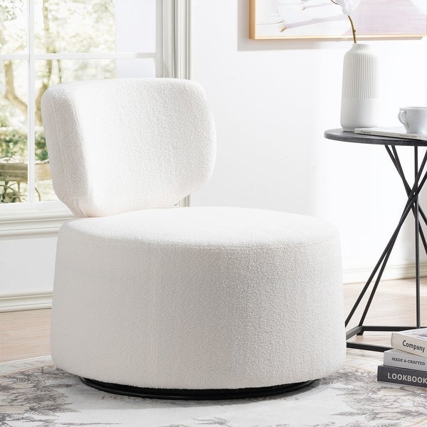 Armless Bucket Swivel Upholstered Chair Accent Chair with Soft Curved Back，White Plush and Black PU Leather