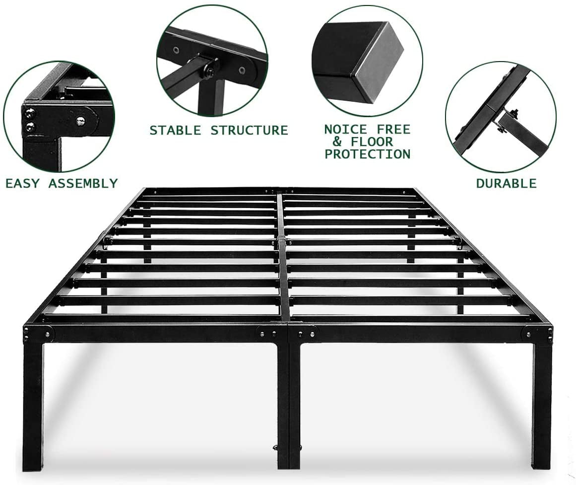 FOYUEE Platform Bed Frame Queen Size 14 inch Heavy Duty No Box Spring Needed Steel Slat Frames with Storage Black Metal