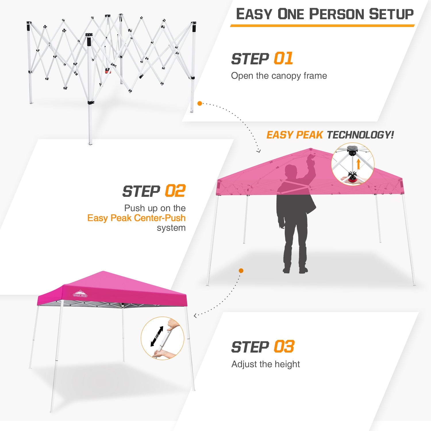 EAGLE PEAK 10' x 10' Slant Leg Pop-up Canopy Tent Easy One Person Setup Instant Outdoor Canopy Folding Shelter with 64 Square Feet of Shade (Pink)