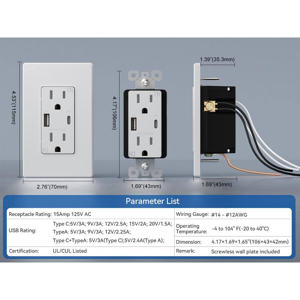 ELEGRP 30-Watt Type A and Type C USB Duplex Wall Outlet for PD and QC， 15 Amp Receptacle， w/Wall  Plate (2-Pack， White) ER30WAC15-0102
