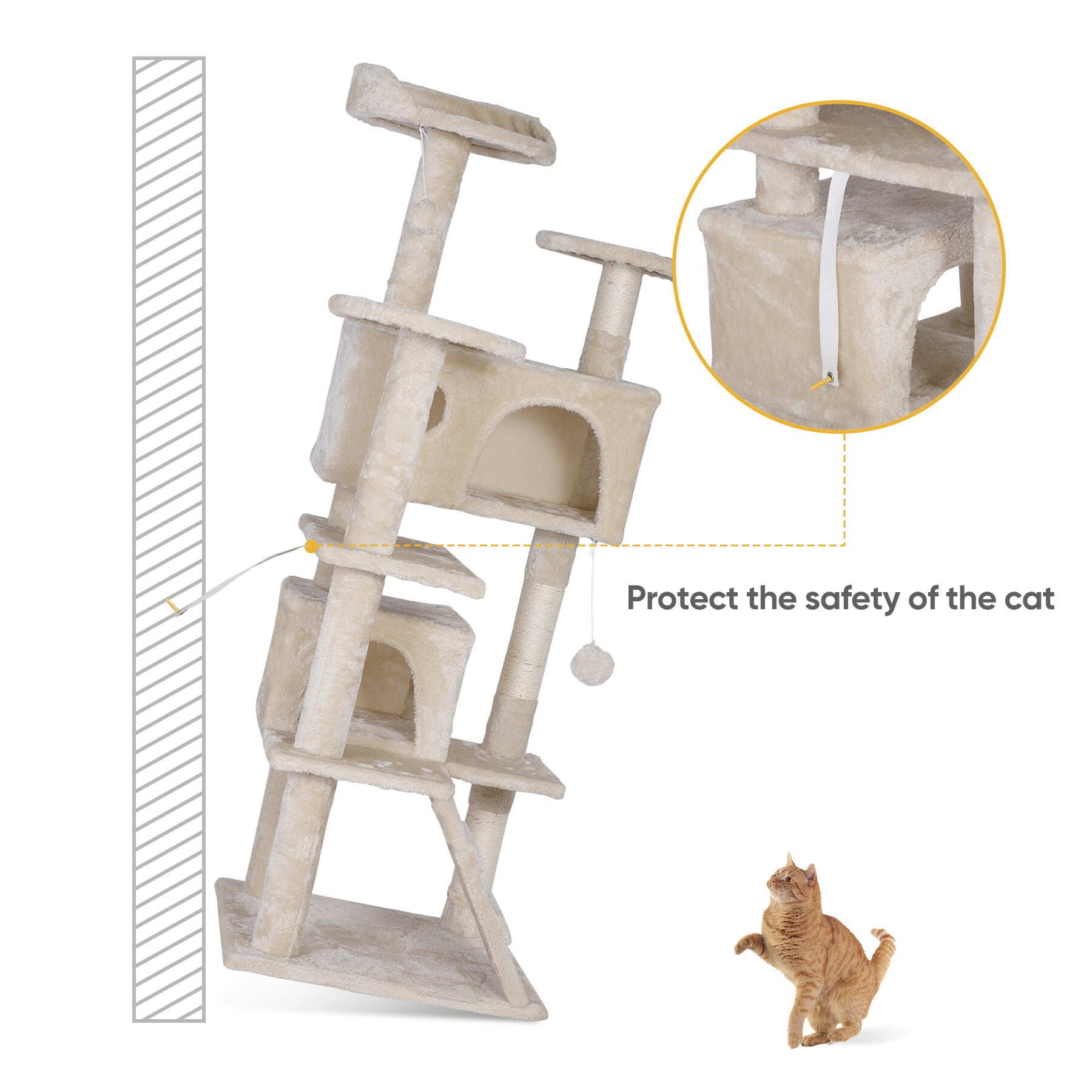 ZENSTYLE 55-in Cat Tree and Condo Scratching Post Tower， Beige