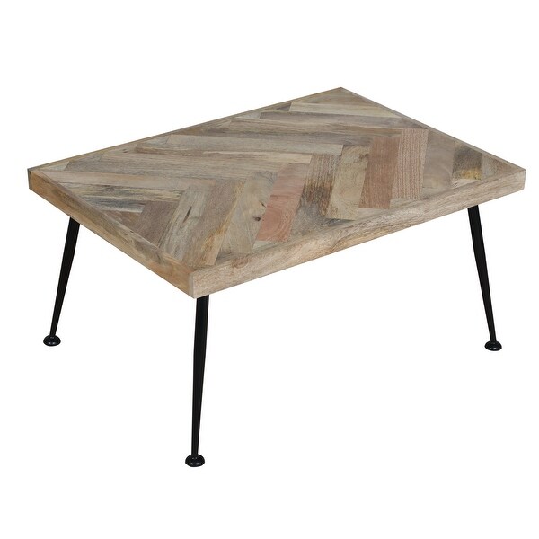 36 Inch Rectangular Mango Wood Coffee Table for iving Room， Home， Office， Herringbone Design， Iron Legs， Brown， Black