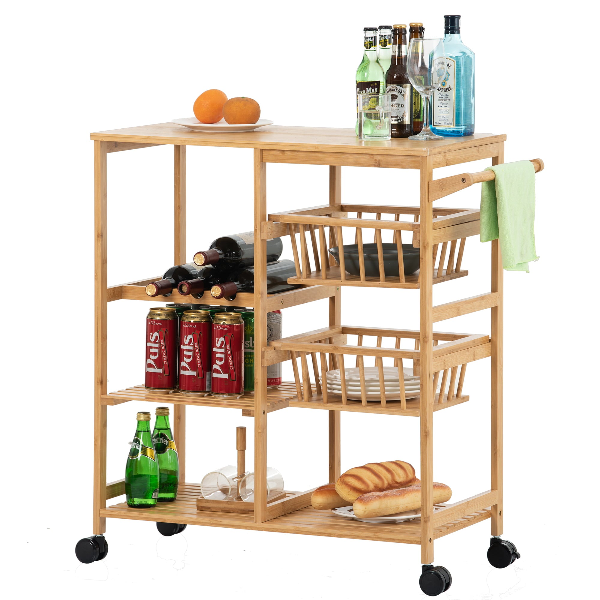 Rolling Kitchen Cart with Storage， BTMWAY Wood Kitchen Bakers Rack 3-Tier Utility Cart on Wheels， Counter Top Table Kitchen Microwave Cart with 2 Baskets， 3 Shelf， Walnut