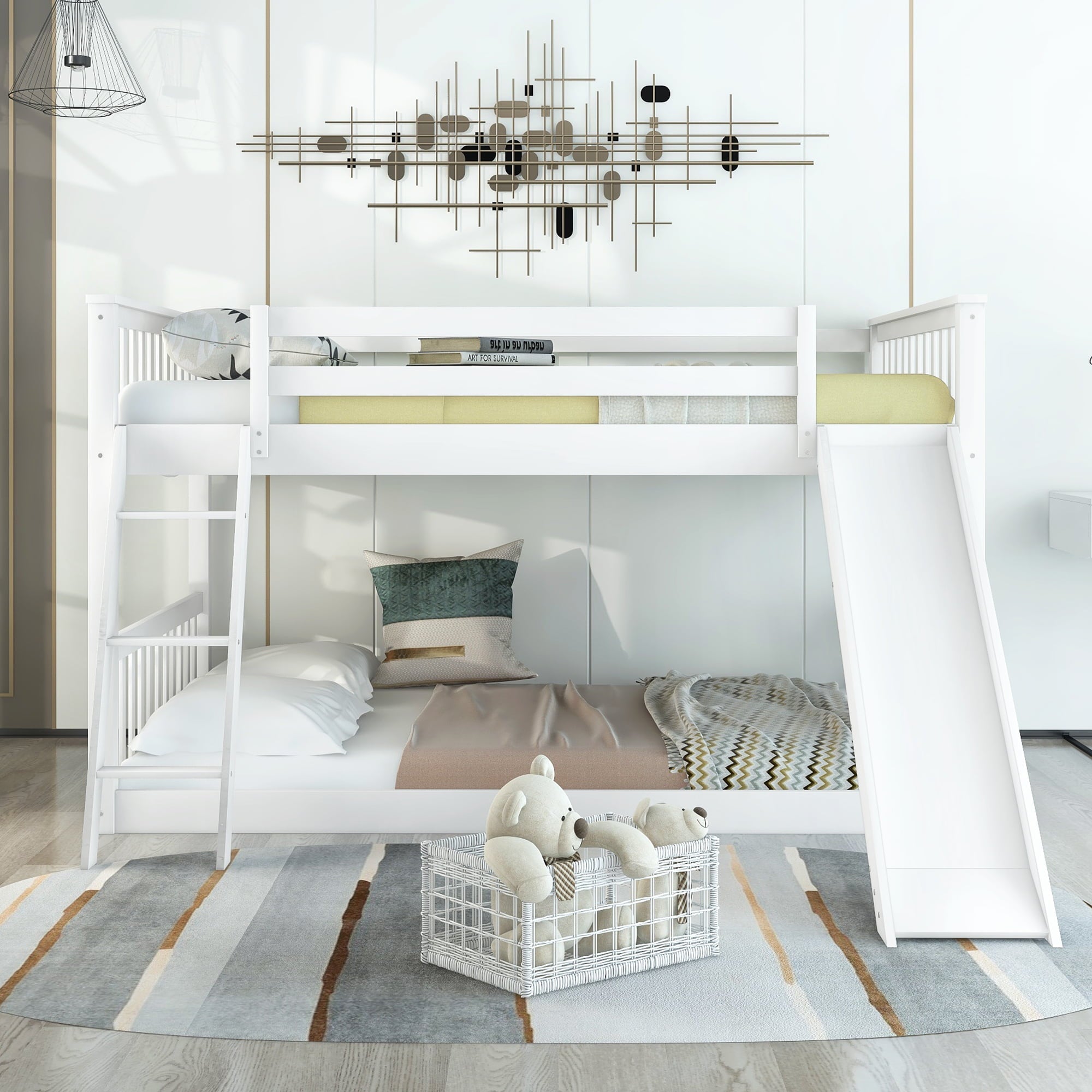 Euroco Full over Full Floor Bunk Bed with Slide and Ladder for Kids Bedroom, White