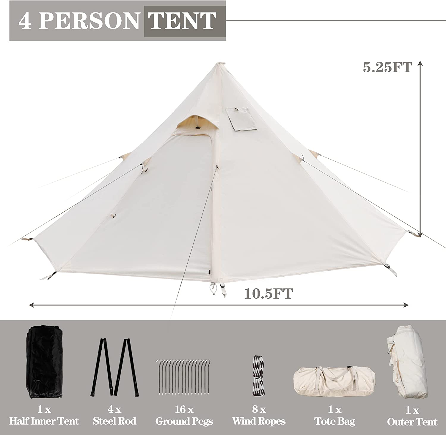 Coewske Hot Tent with Stove Jack Hole 4 Season Canvas Camping Tent for Solo Winter Family Hiking Hunting， White