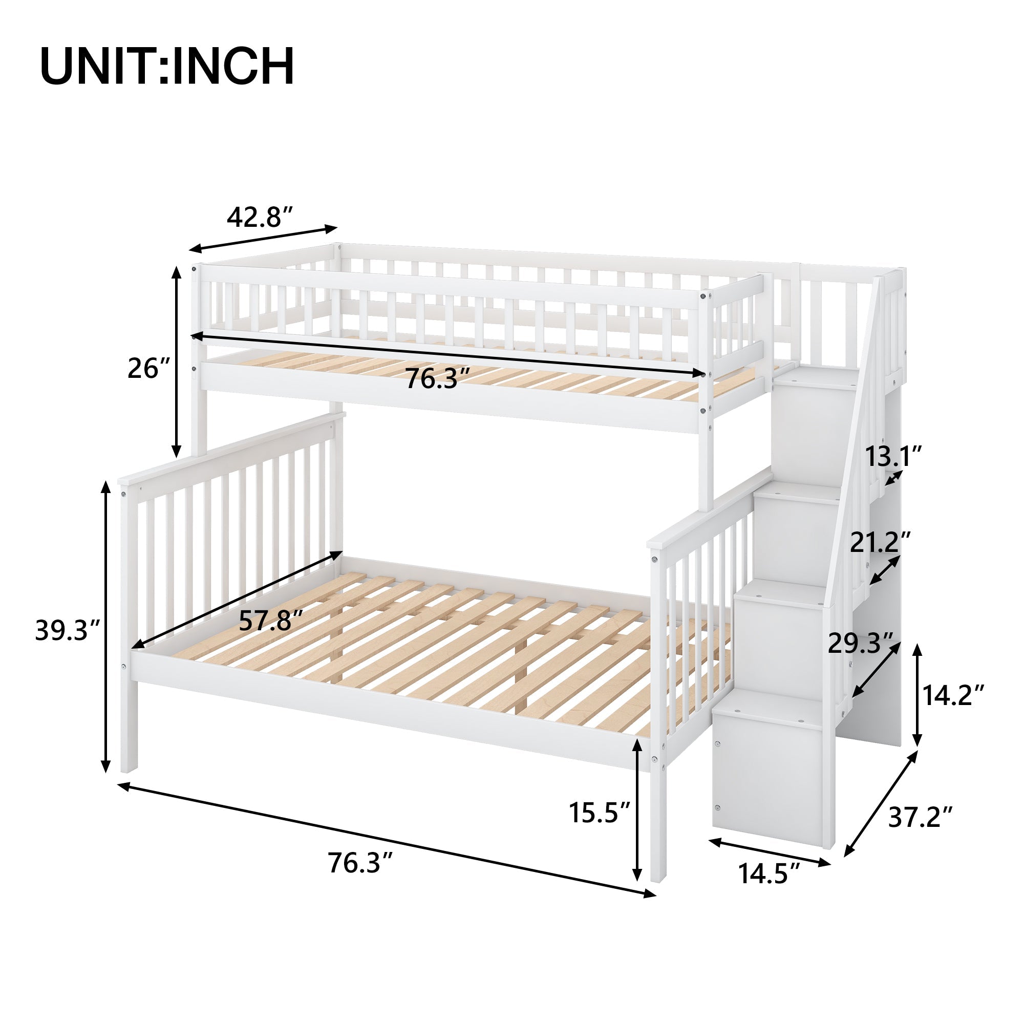 Euroco Twin Over Full Bunk Bed with Stairs and Storage for Kids, White