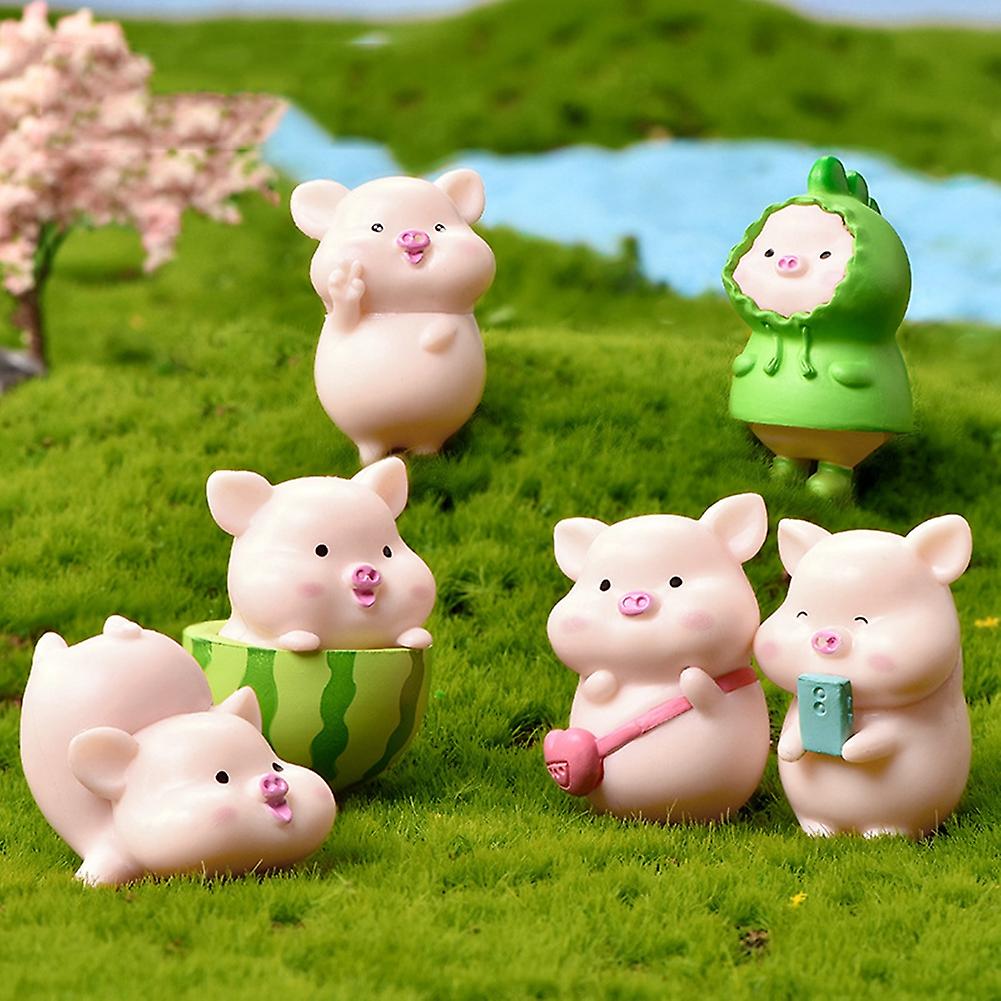 7pcs Cute Pink Piggy Figures Toys Dolls Car Dashboard Ornaments Cupcake Toppers Pig For Fairy Garden Party Miniature Decoration