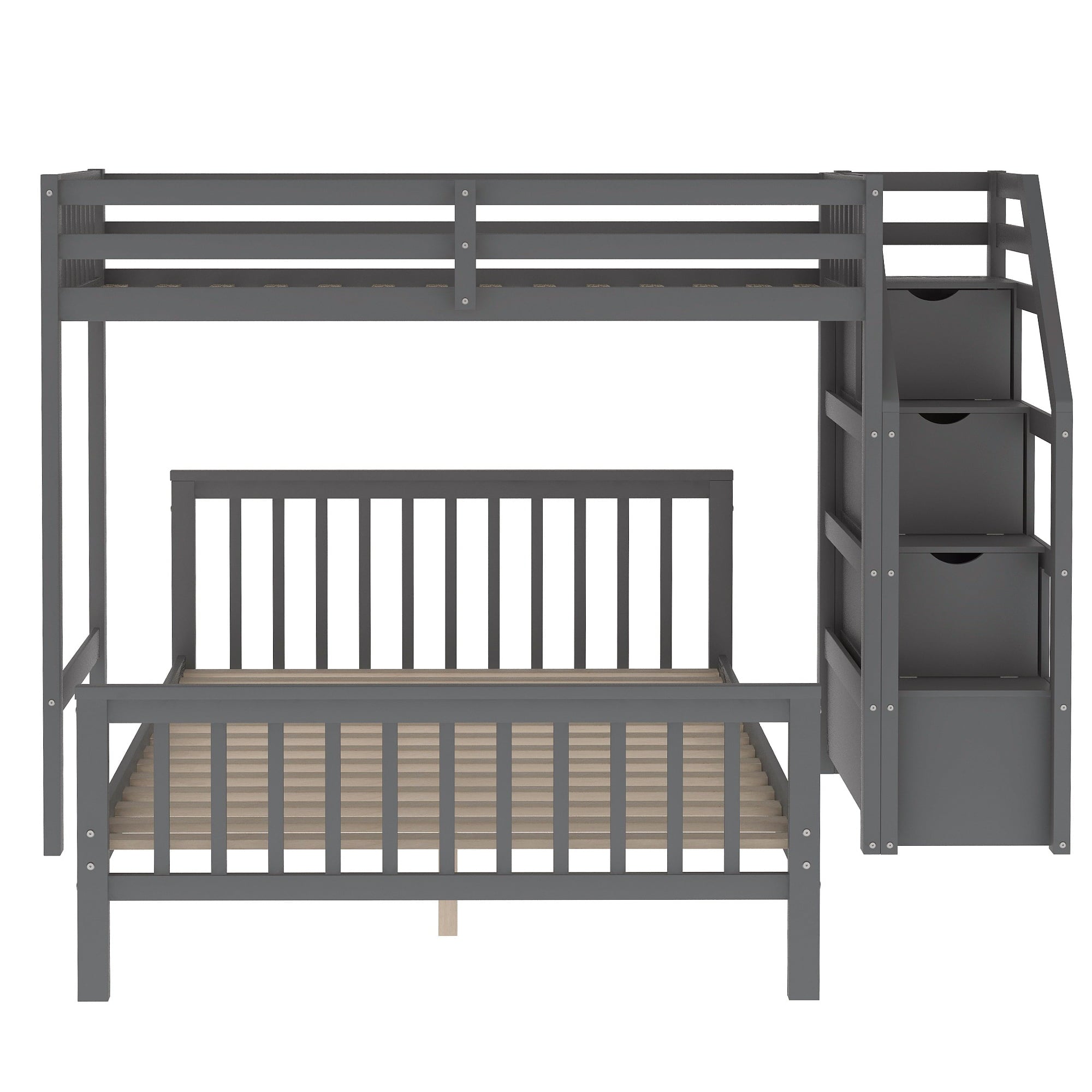 Euroco Wood Stairway Twin Loft Bed with Full Platform and Drawer for Kids