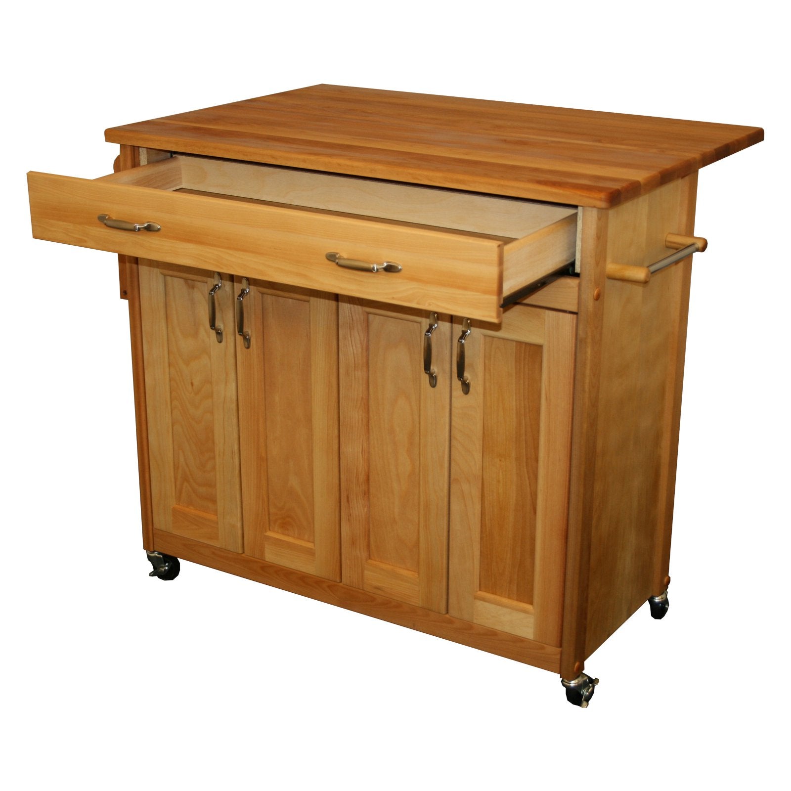 Catskill Mid-Sized Wood Island with Flat Panel Doors and Drop Leaf in Oak