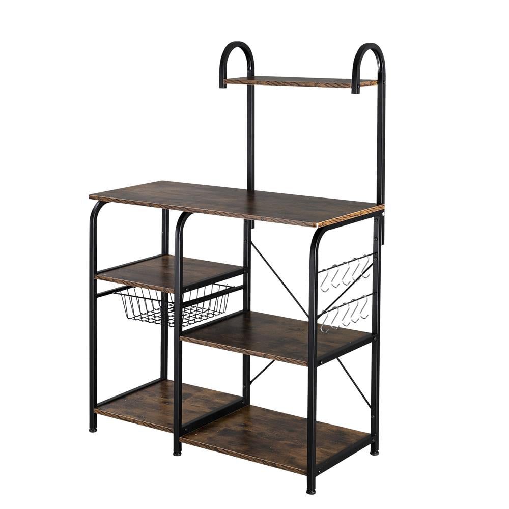 Ktaxon 5-Tier Bakers Rack， Kitchen Utility Microwave Oven Stand with Storage Shelves，10 Hooks and Metal Basket， Vintage Brown