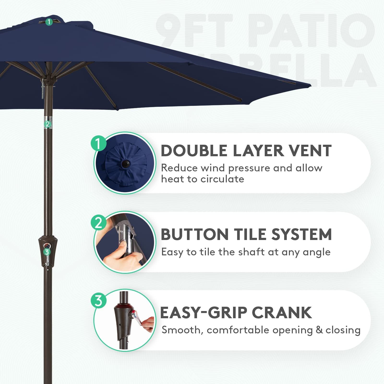 JEAREY 9FT Outdoor Patio Umbrella Outdoor Table Umbrella with Push Button Tilt and Crank,Navy