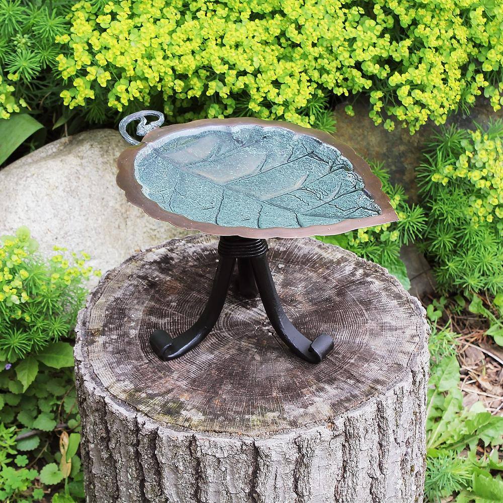 Achla Designs 13 in. L Antique Brass Plated Aspen Leaf Birdbath with Tripod Stand BB-04-TR