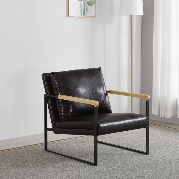 Grondin Mid-Century Modern Faux Leather Upholstered Accent Armchair with Wooden Armrests For Home Office
