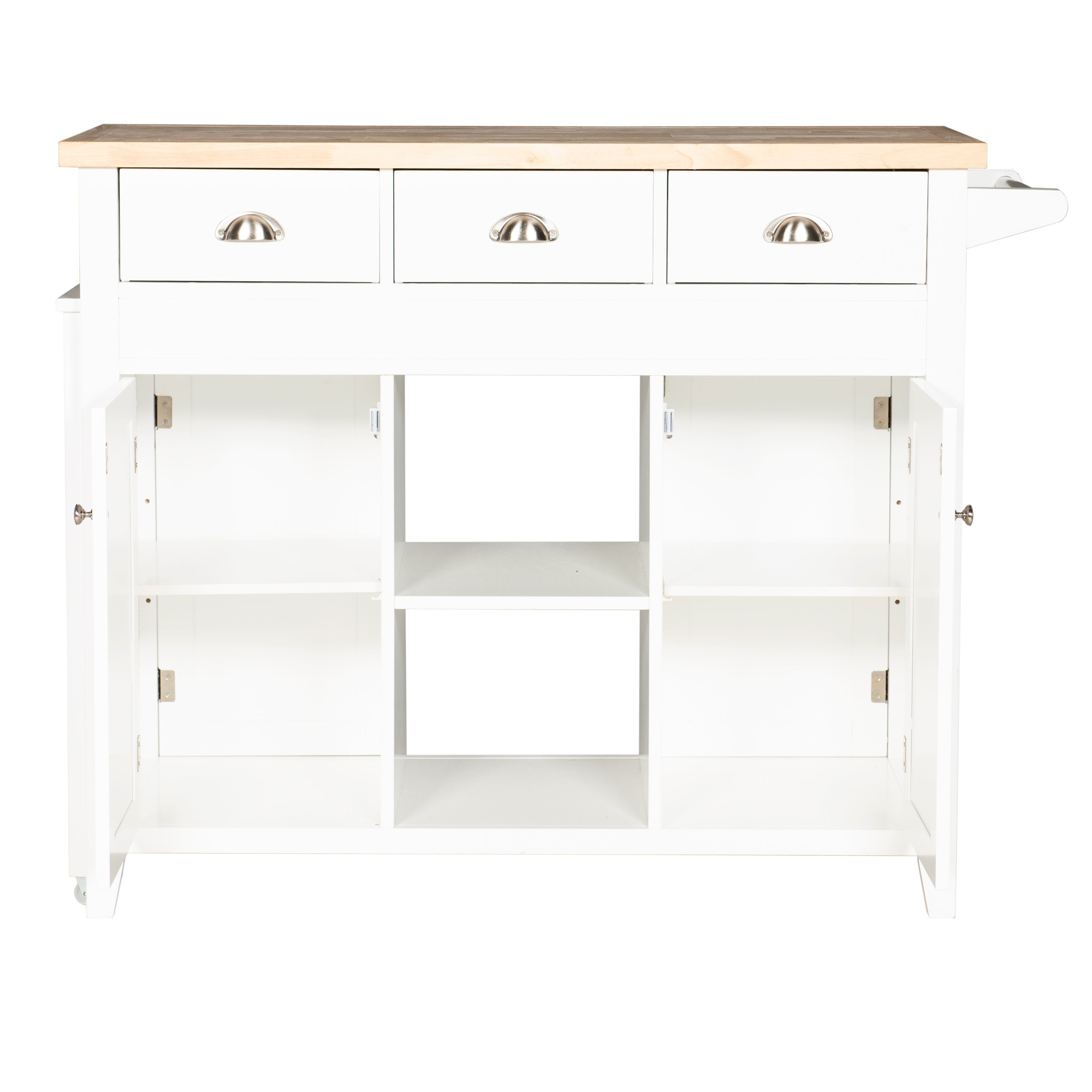 Linon Statum 3-Drawer Expandable Kitchen Cart with Open Shelves， White Finish