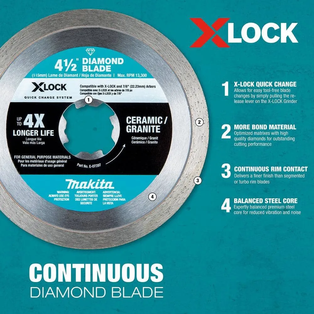 Makita X-LOCK 4-1/2 in. Continuous Rim Diamond Blade for Ceramic and Granite Cutting E-07397
