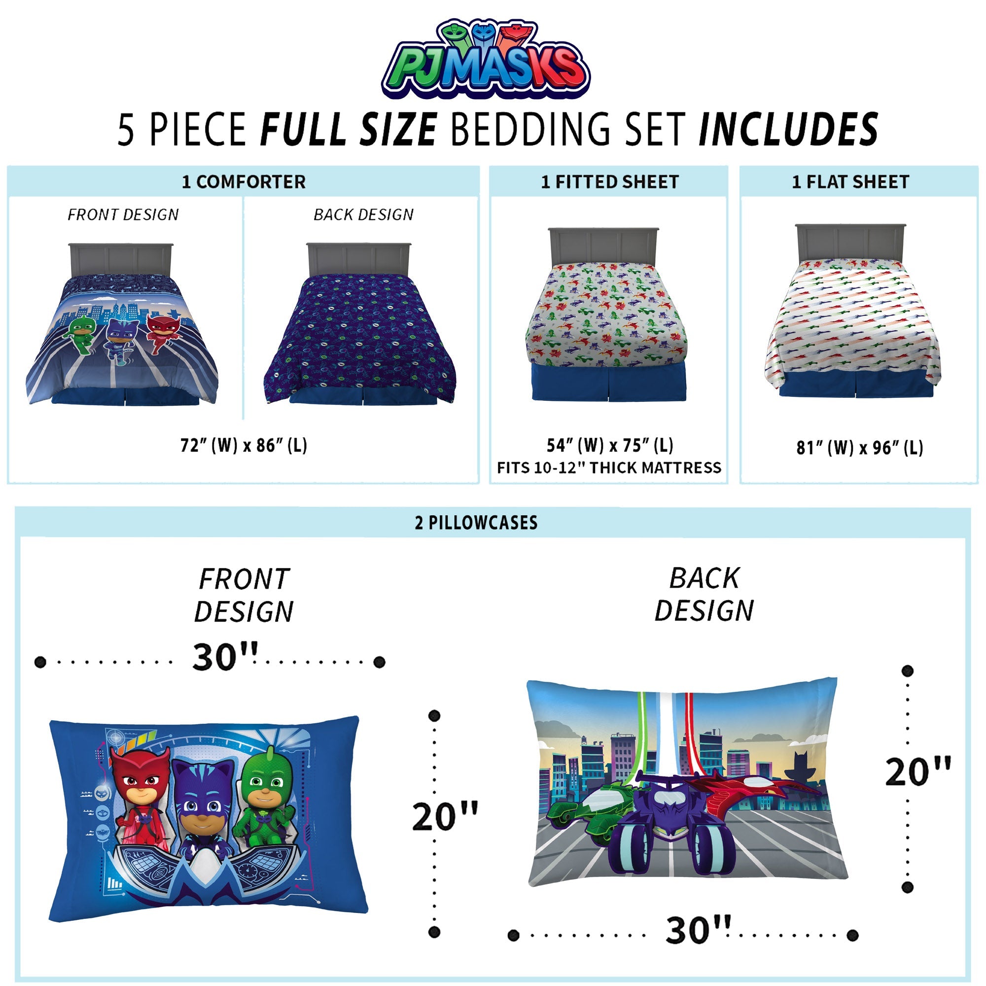 PJ Masks Kids Full Bed in a Bag, Comforter and Sheets, Blue, Hasbro