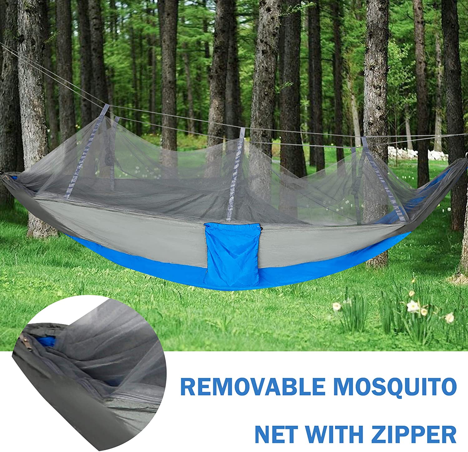 KARMAS PRODUCT Camping Hammock with Mosquito Net, 8.5 ft Single Portable Lightweight Nylon Hammocks with 2 Adjustable Tree Straps for Backpacking, Travel, Beach, Backyard,Hiking (Blue/Gray)