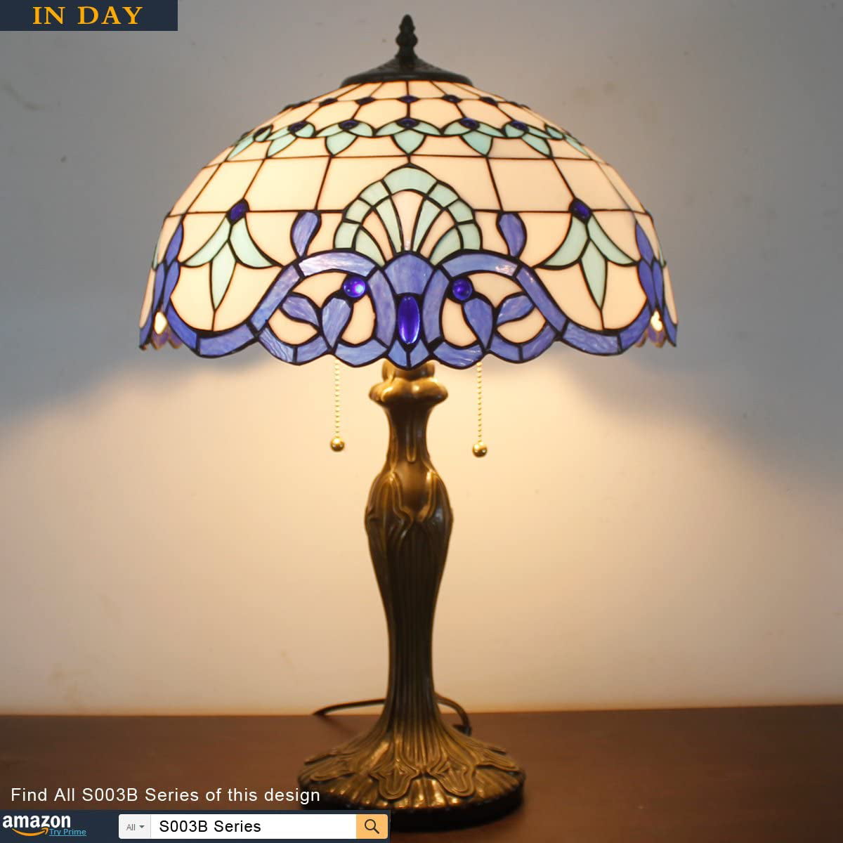 Lamp Blue Navy White Stained Glass Baroque Bedside Table Lamp Style Desk Light Metal Base 16X16X24 Inches Decor Bedroom Living Room Home Office S003B Series