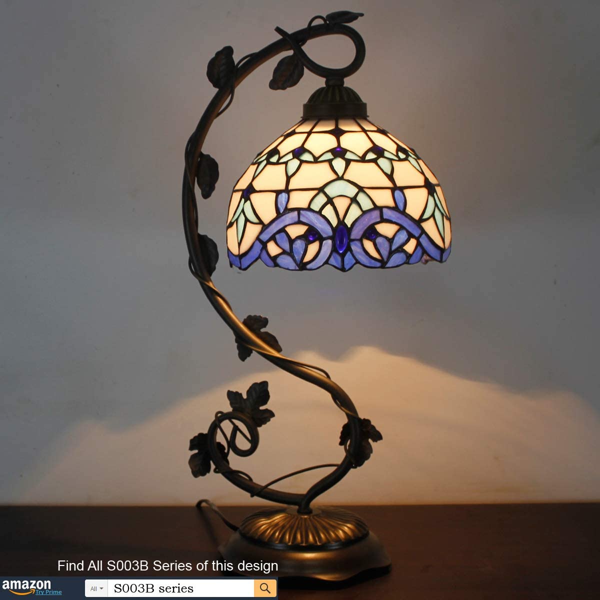 SHADY  Style Lamp White Blue Stained Glass Table Lamp Reading Desk Light Metal Leaf Base 8X10X21 Inches Decor Small Space Bedside Bedroom Home Office S003B Series