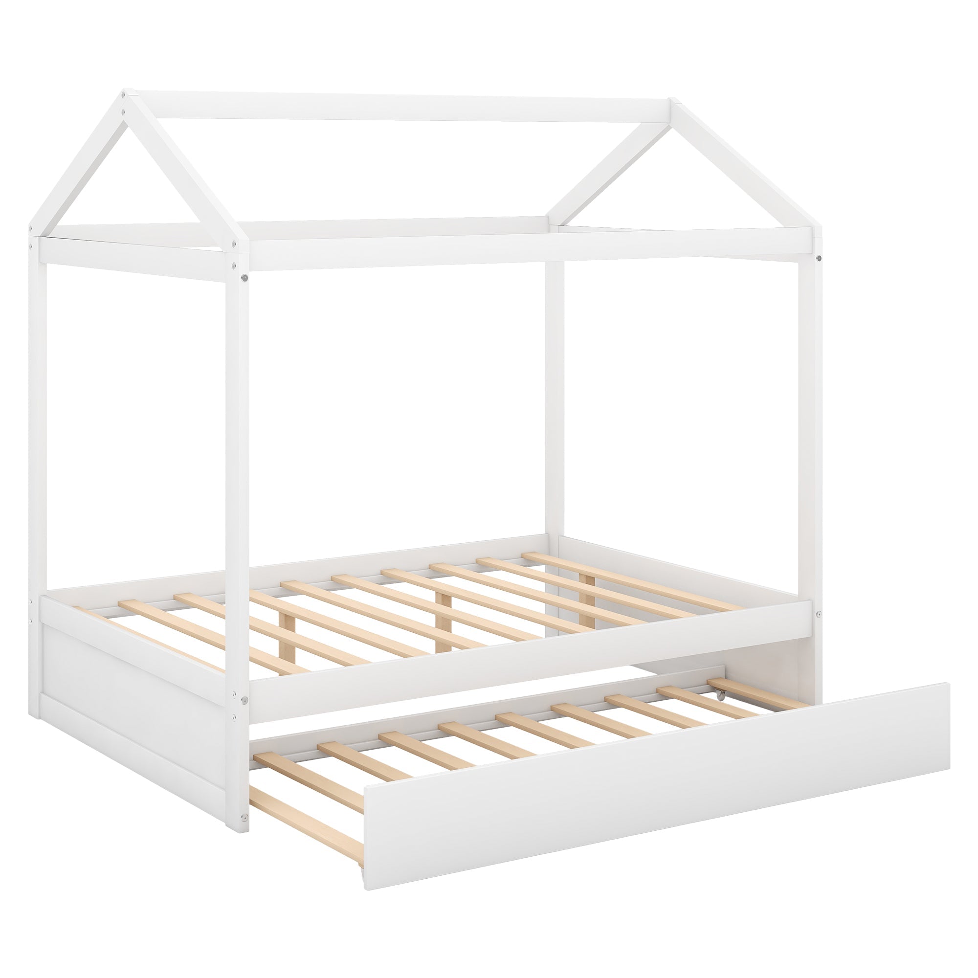 Pine Wood Full Size Beach House Bed With Trundle for Kids Bedroom, White