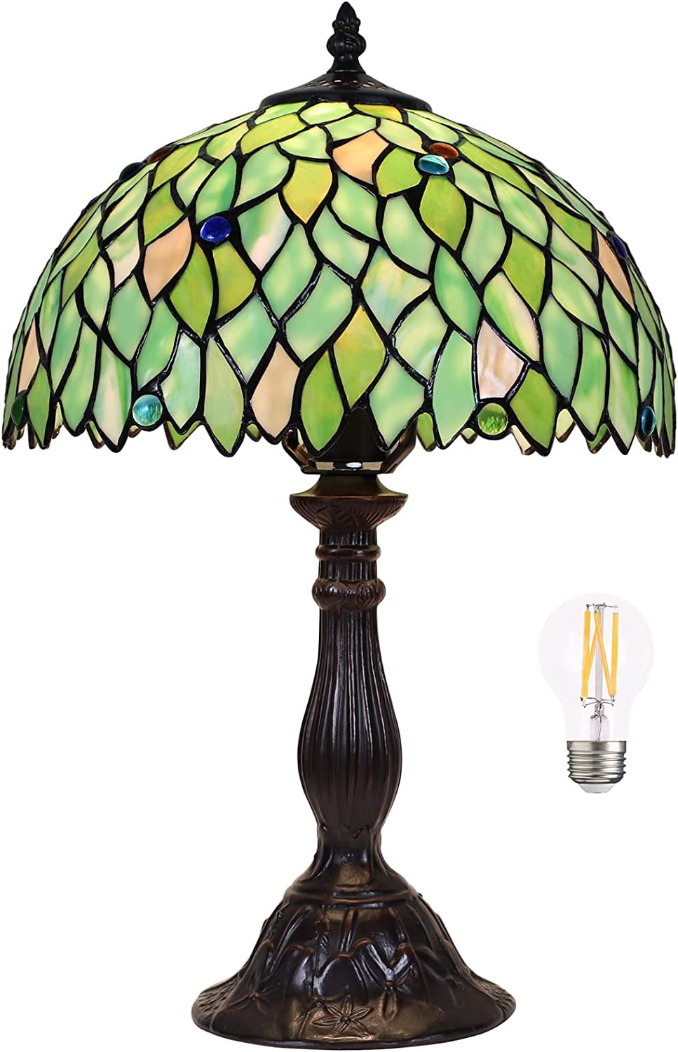 YELROL  Lamp Table Lamp Stained Glass Leaf Bedside Lamp Reading Desk Light for Bedroom Living Room Green 18\u201D Tall 1 PCS LED Bulb(2700K E26) Included Unique Gifts