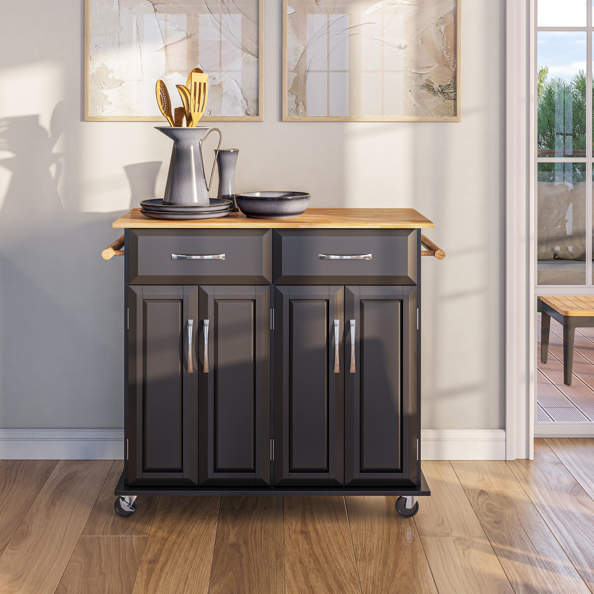 BELLEZE Rolling Kitchen Island Utility Cart with 2 Drawers - Baldy (Black)