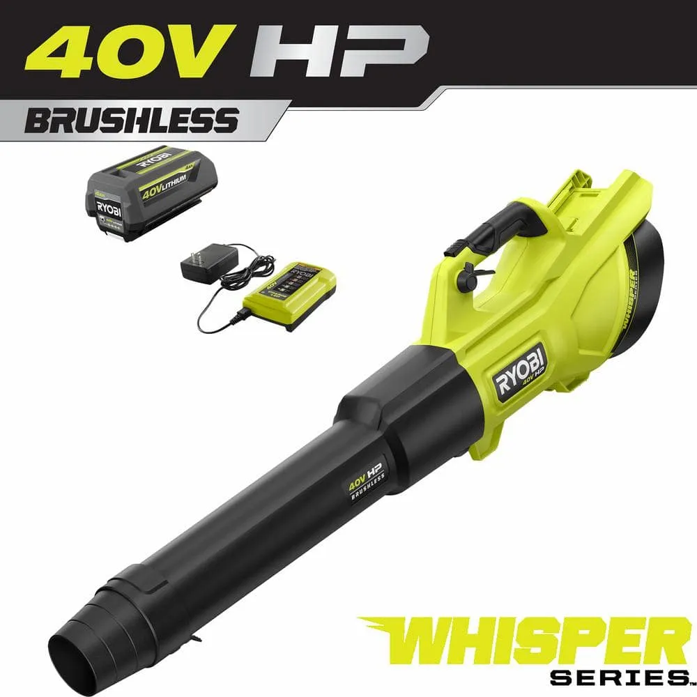 RYOBI 40V HP Brushless Whisper Series 155 MPH 600 CFM Cordless Battery Leaf Blower with 4.0 Ah Battery and Charger RY404130