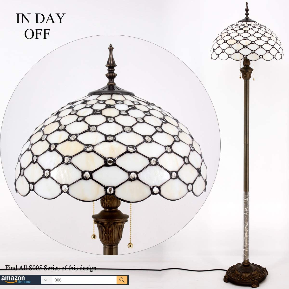 BBNBDMZ  Floor Lamp Cream Amber Stained Glass Bead Standing Reading Light 16X16X64 Inches Antique Pole Corner Lamp Decor Bedroom Living Room  Office (LED Bulb Included) S005 Series