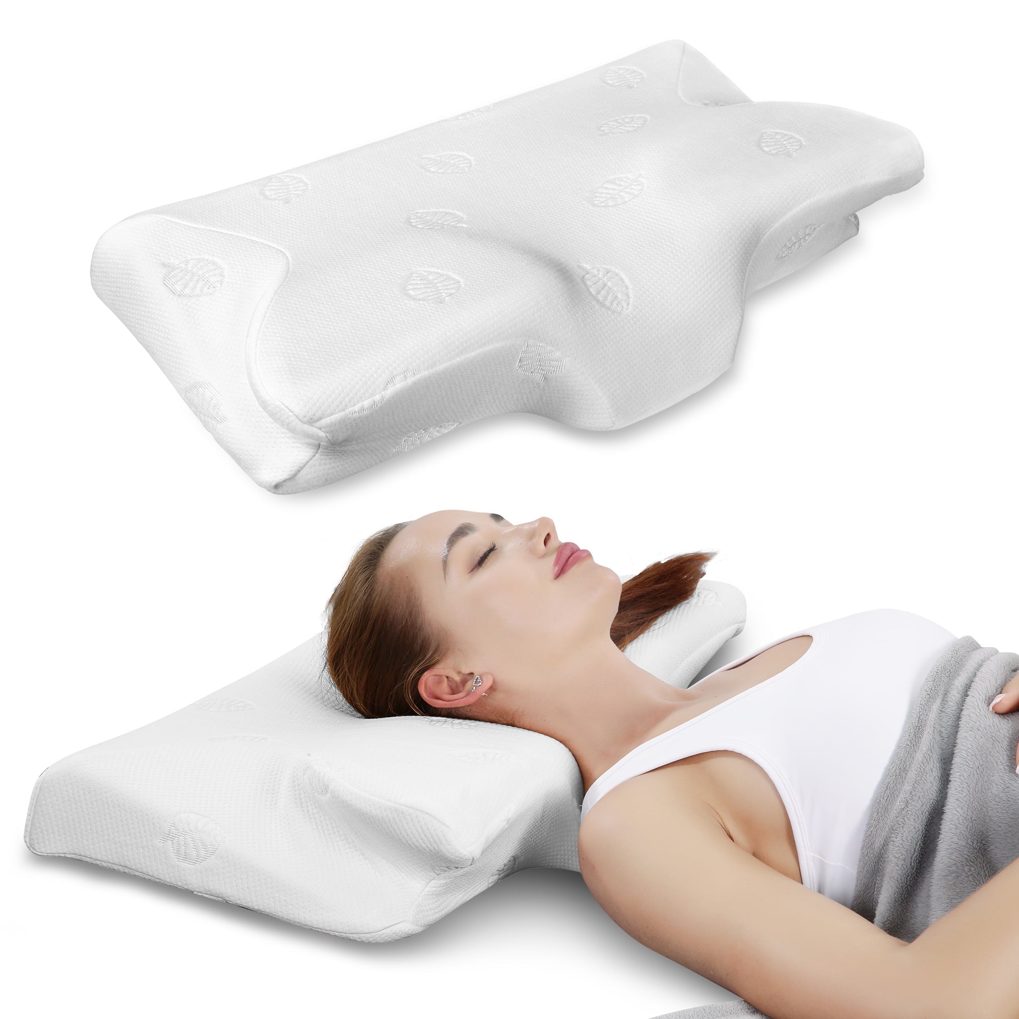 MARNUR Memory Foam Pillow Cervical Orthopedic Pillow, for Side Back Stomach Sleeper, Washable Cover, White