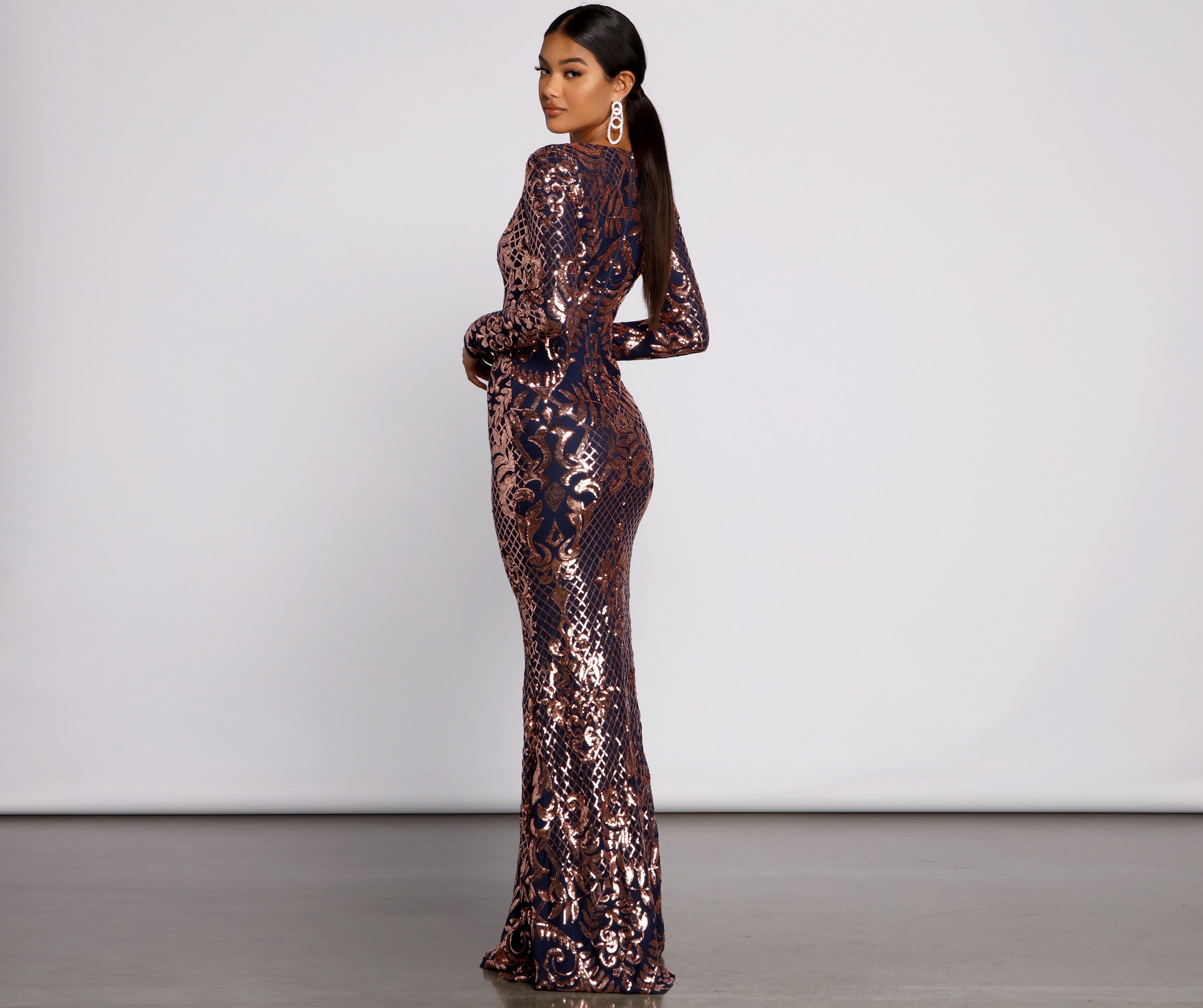 Ayla Formal Long Sleeve Sequin Scroll Dress