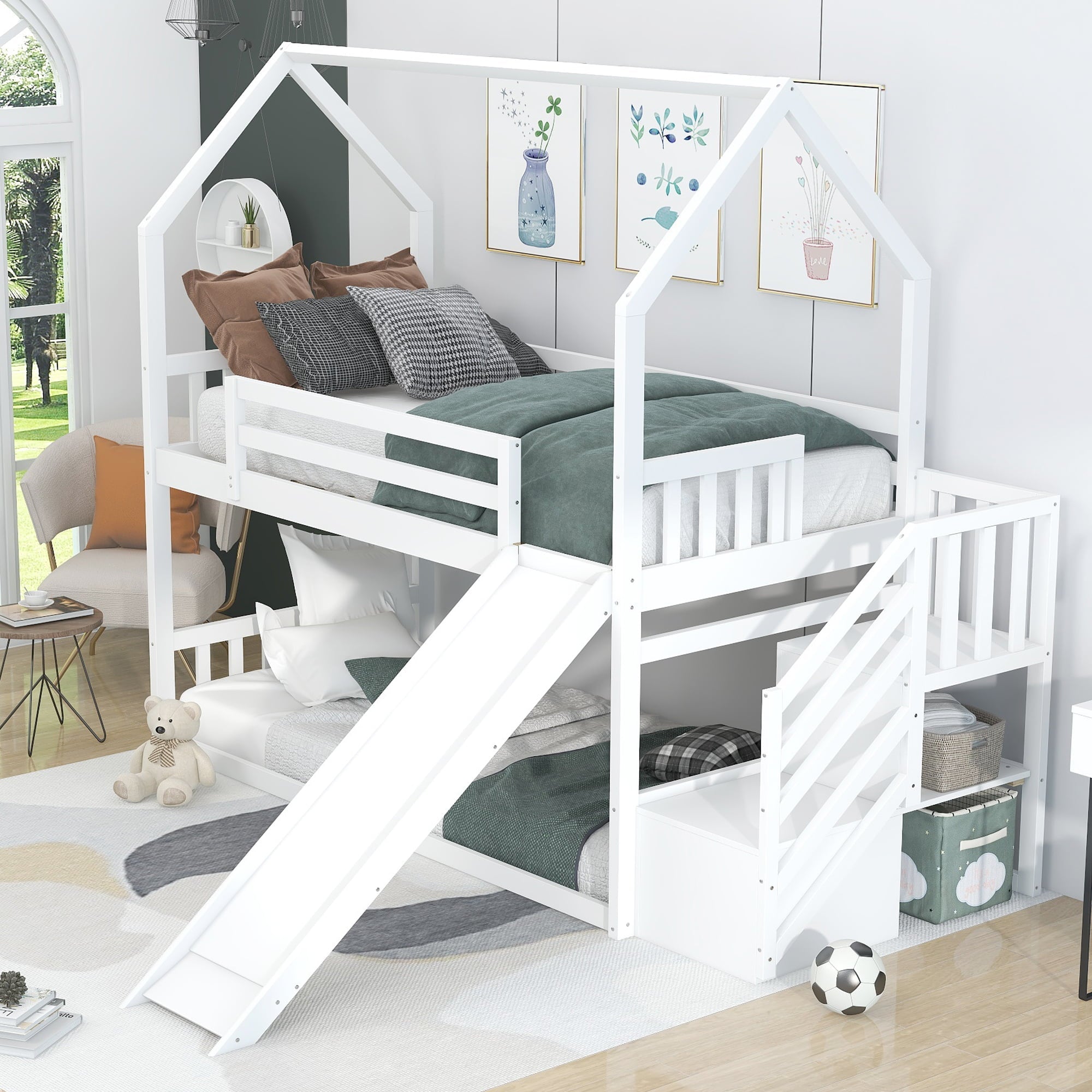 EUROCO Twin over Twin House Bunk Bed with Staircase for Kids for Bedroom, White