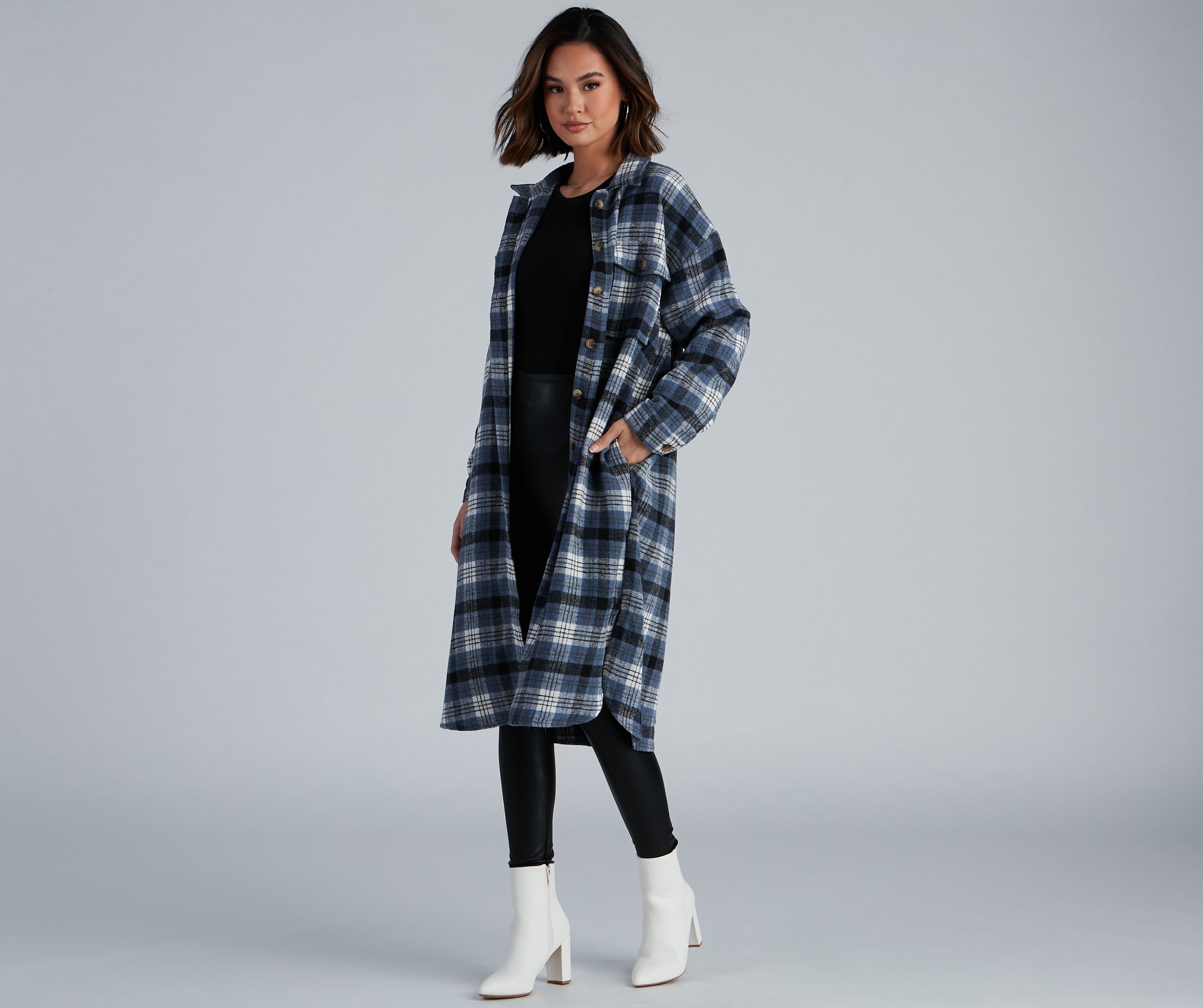 Casual-Cozy Long Line Plaid Shacket