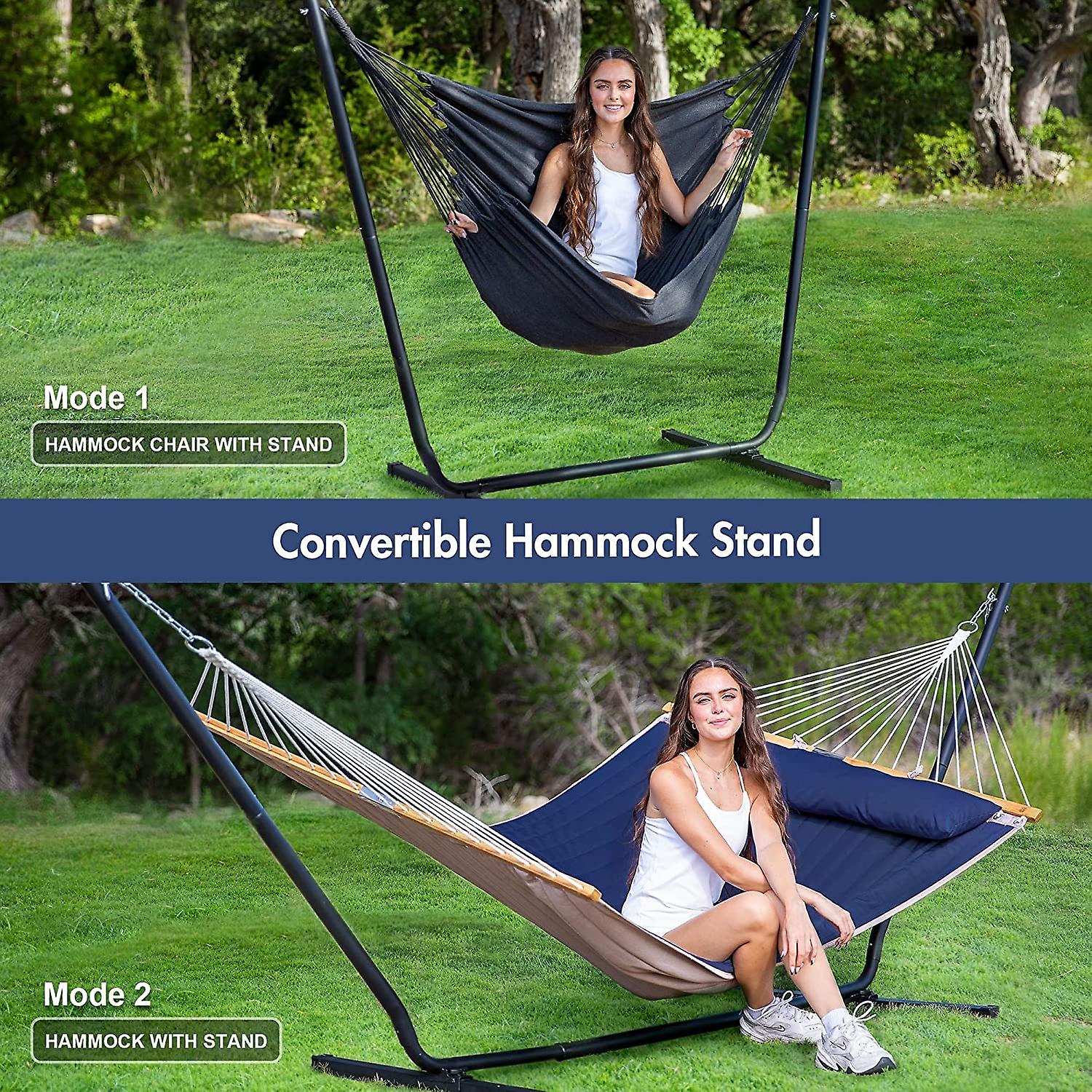 Double Hammock With 12ft Stand Included， Hanging Hammock Chair With Stand For Outdoors Indoors， Patent Pending Multifunctional 2 In 1 Hammock Steel St