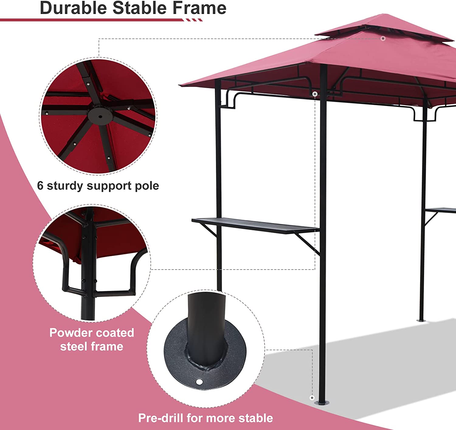 Grill Gazebo 8 x 5 Double Tiered Outdoor BBQ Grill Patio Canopy, Backyard Barbeque Tent with Extra Shelves, Red