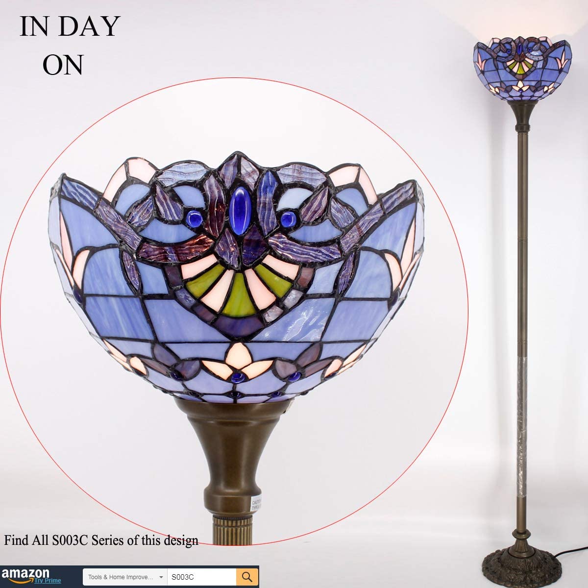 BBNBDMZ  Floor Lamp Blue Purple Baroque Stained Glass Light 12X12X66 Inch Pole Torchiere Standing Corner Torch Uplight Decor Bedroom Living Room  Office S003C Series