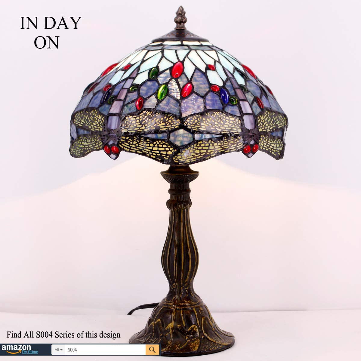 SHADY  Table Lamp Blue Stained Glass Dragonfly Style Bedside Desk Reading Light 12X12X18 Inches Decor Bedroom Living Room Home Office S004 Series