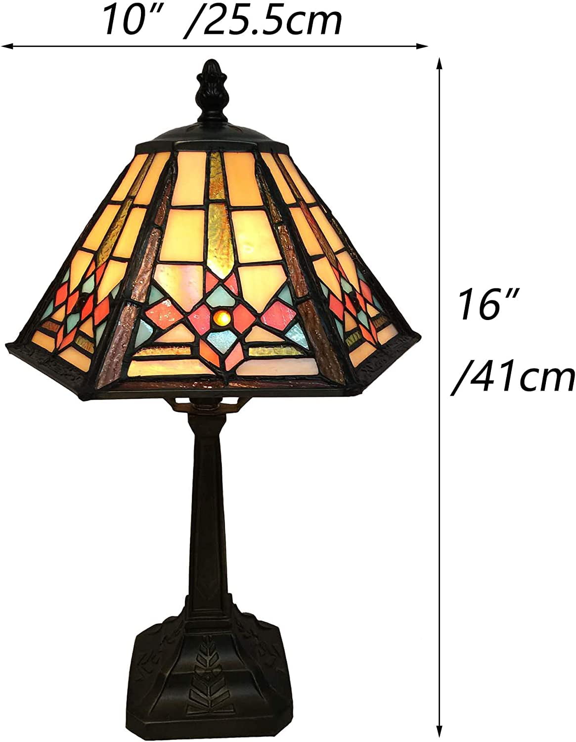SHADY L10791 Mission Style Table Lamp  Stained Glass Night Light with Hexagonal Cone Lampshade  10&#34; W x 16&#34; H